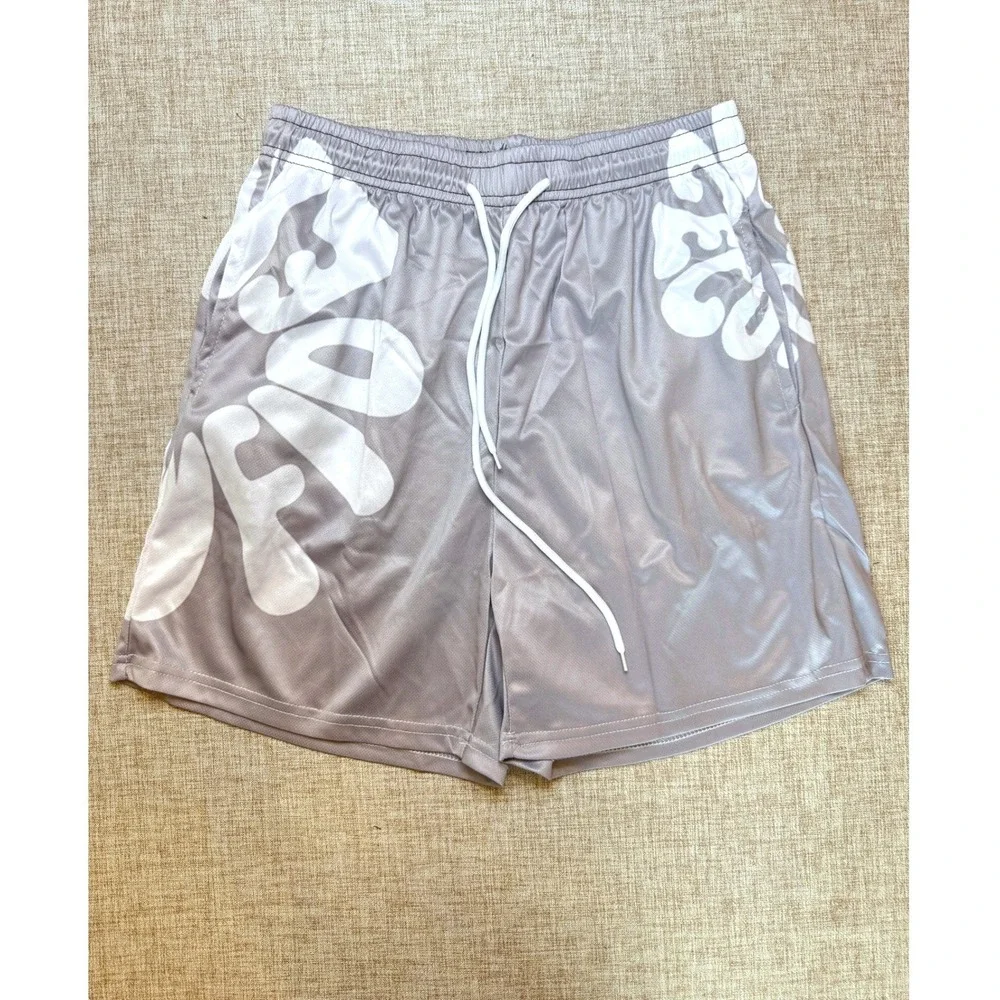 Mens Grey White Graphic Mesh Basketball Shorts Streetwear Size S
